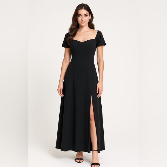 Abercrombie black midi dress off shoulder medium sweetheart neck slit smocked - Picture 1 of 12